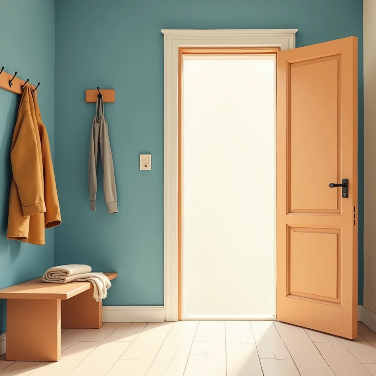 A bright hallway with a coat on a hook