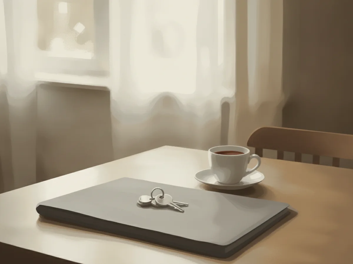 Ett köksbord i morgonljus med en enda mapp, ett nyckelknippe och en kopp kaffe